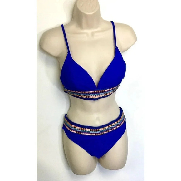 Womens Deep Blue High Waisted Striped Contrast Bikini Two-Piece Swimsuit Medium - Picture 2 of 12